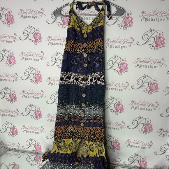 Angie dress animal print long maxi stripe buttons strappy back halter style - Picture 1 of 8